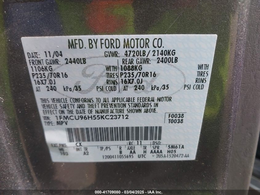 2005 Ford Escape Hybrid VIN: 1FMCU96H55KC23712 Lot: 41709080