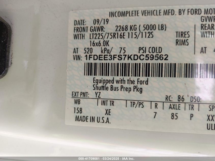 2019 Ford E-350 Cutaway VIN: 1FDEE3FS7KDC59562 Lot: 41709081