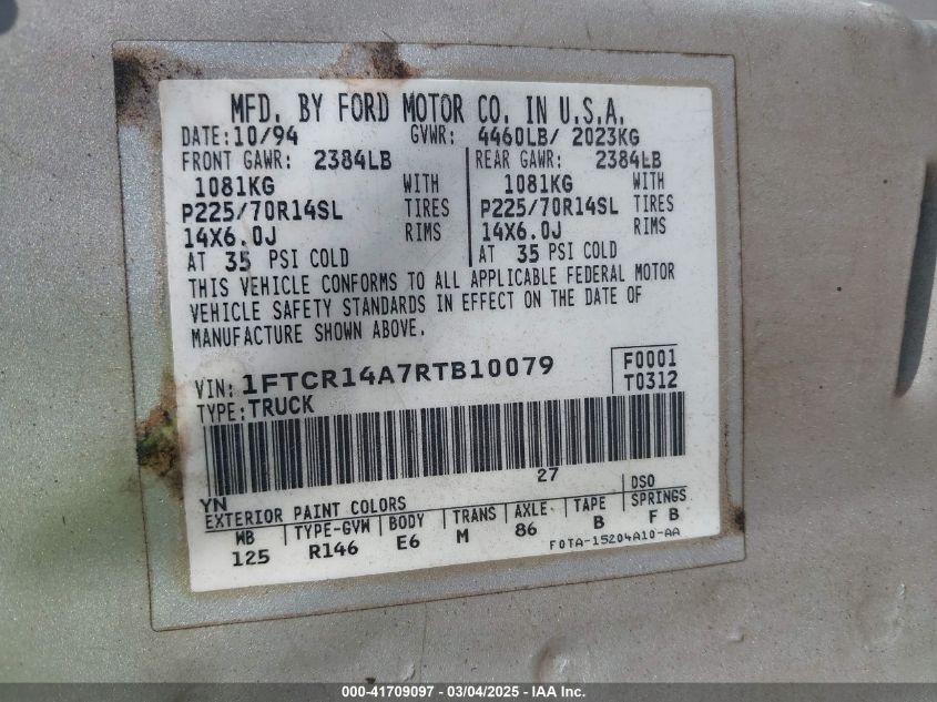 1994 Ford Ranger Super Cab VIN: 1FTCR14A7RTB10079 Lot: 41709097
