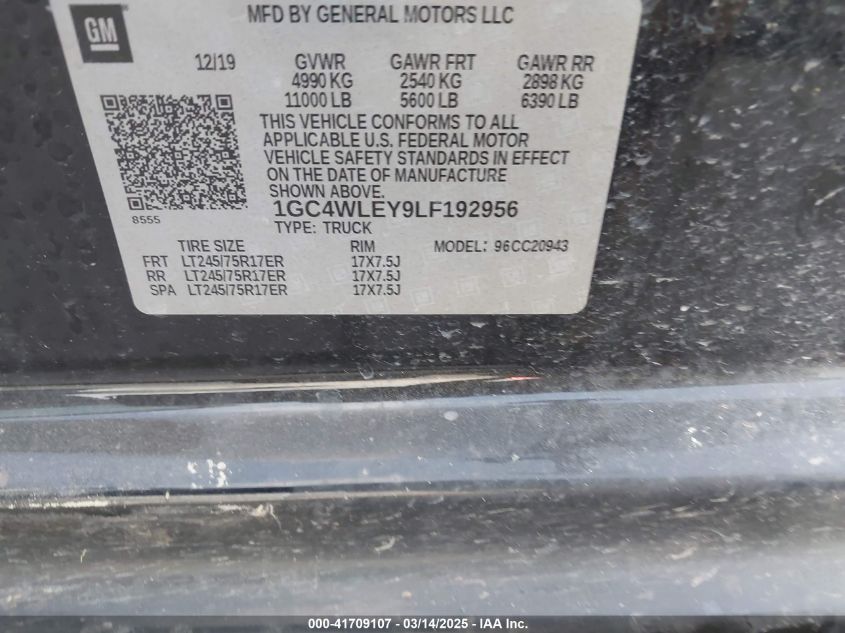 2020 Chevrolet Silverado 2500Hd 2Wd Long Bed Wt VIN: 1GC4WLEY9LF192956 Lot: 41709107