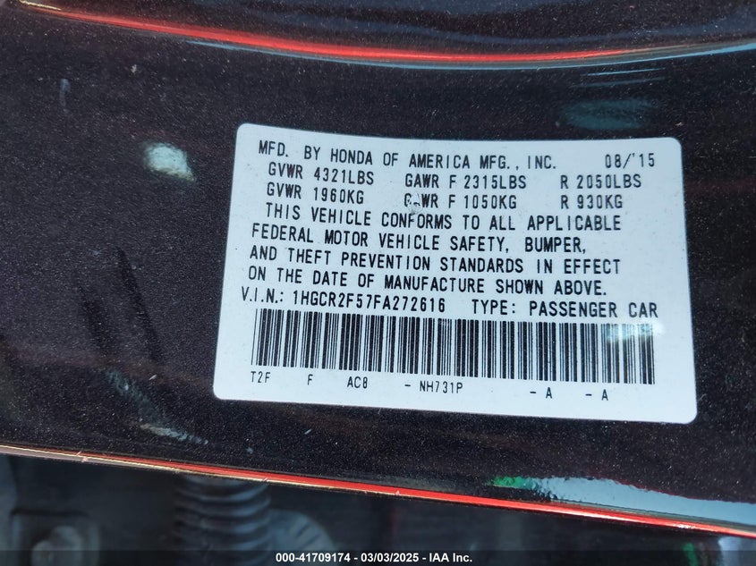 2015 HONDA ACCORD VIN: 1HGCR2F57FA272616