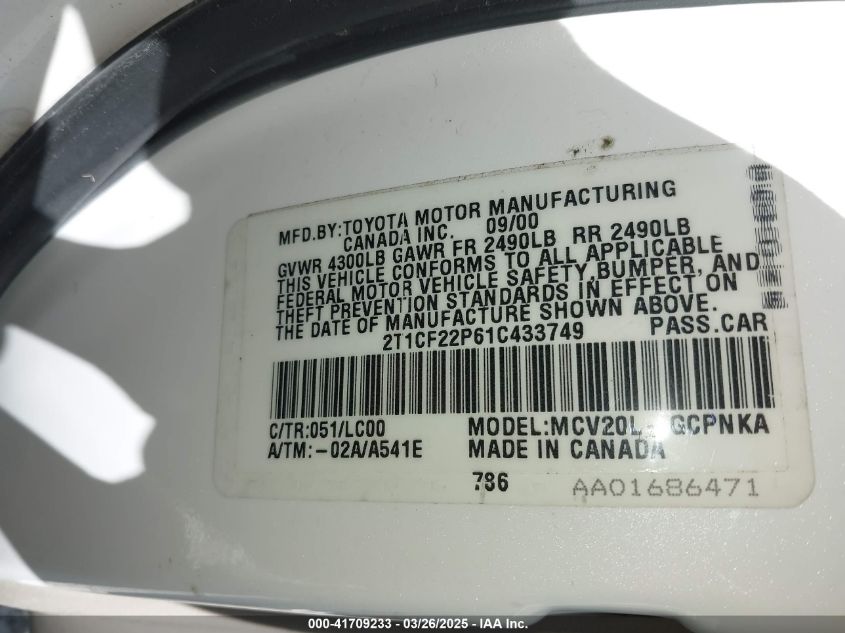 2001 Toyota Camry Solara Sle V6 VIN: 2T1CF22P61C443374 Lot: 41709233