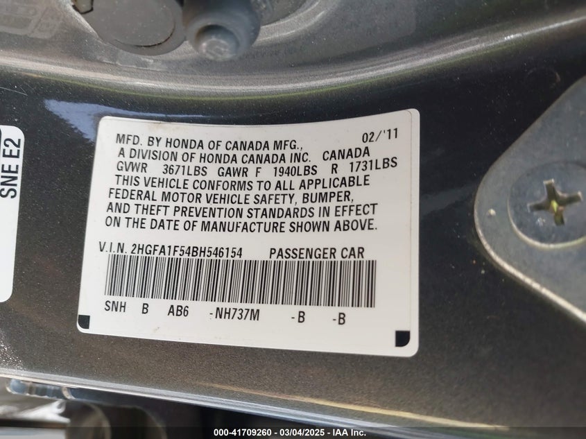 2011 HONDA CIVIC VIN: 2HGFA1F54BH546154