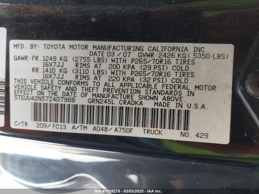 2007 Toyota Tacoma Access Cab VIN: 5TEUU42N57Z407988 Lot: 41709278