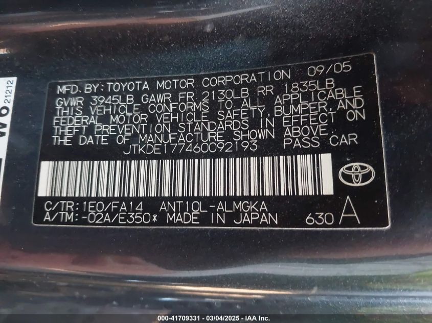 2006 Scion Tc VIN: JTKDE177460092193 Lot: 41709331