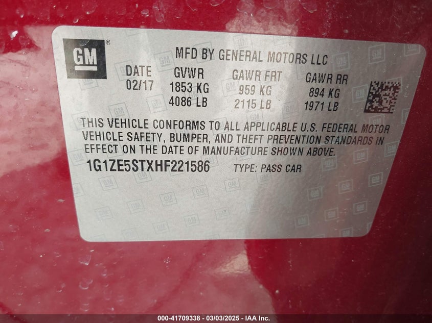 2017 CHEVROLET MALIBU VIN: 1G1ZE5STXHF221586