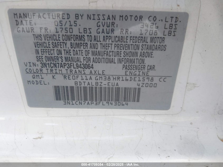 2015 NISSAN VERSA VIN: 3N1CN7AP3FL943064