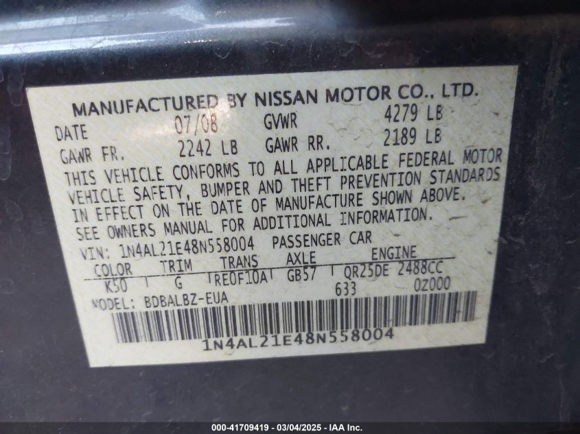 2008 Nissan Altima 2.5 S VIN: 1N4AL21E48N558004 Lot: 41709419