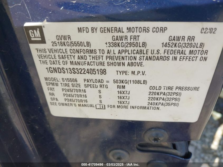 2002 Chevrolet Trailblazer Ls VIN: 1GNDS13S322405198 Lot: 41709498