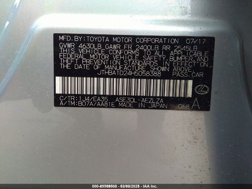 2017 Lexus Is 200T VIN: JTHBA1D24H5058388 Lot: 41709503