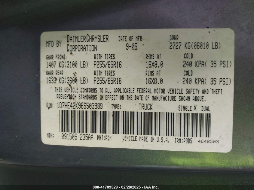 2006 Dodge Dakota Slt VIN: 1D7HE42K96S503989 Lot: 41709529