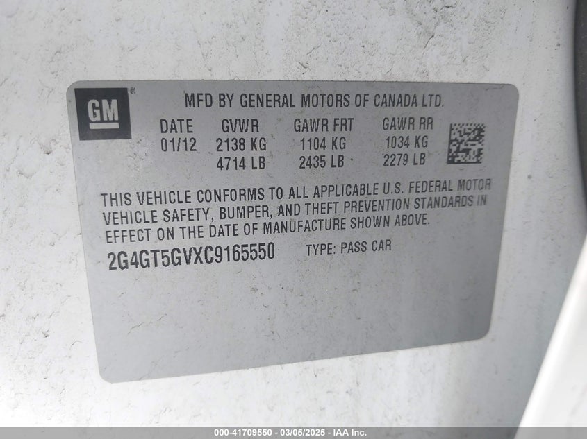 2012 BUICK REGAL VIN: 2G4GT5GVXC9165550