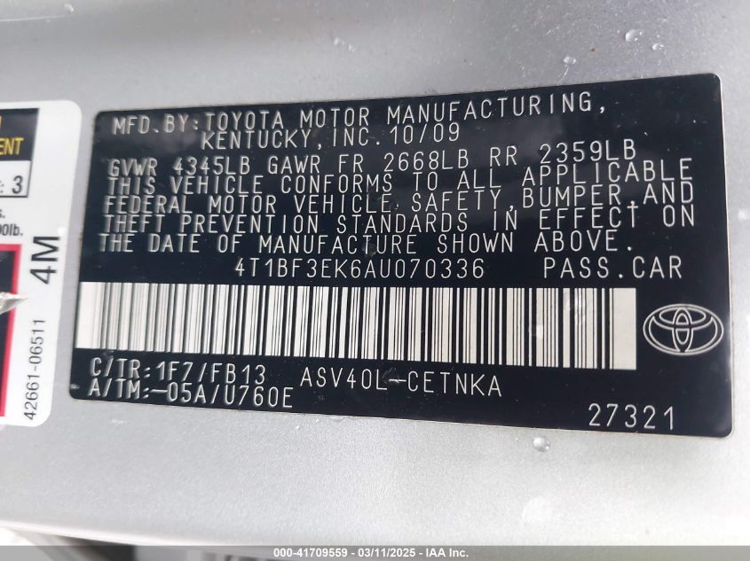 2010 Toyota Camry Le VIN: 4T1BF3EK6AU070336 Lot: 41709559