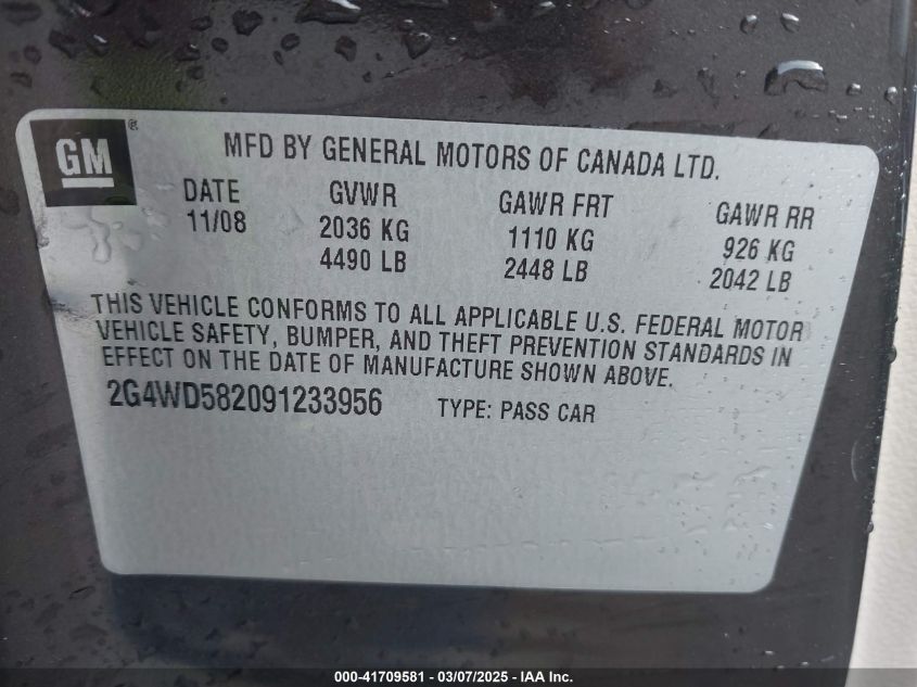 2009 Buick Lacrosse Cxl VIN: 2G4WD582091233956 Lot: 41709581