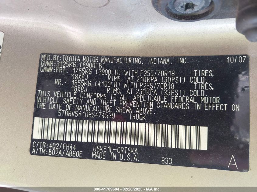 2008 Toyota Tundra Sr5 5.7L V8 VIN: 5TBRV54108S474539 Lot: 41709604
