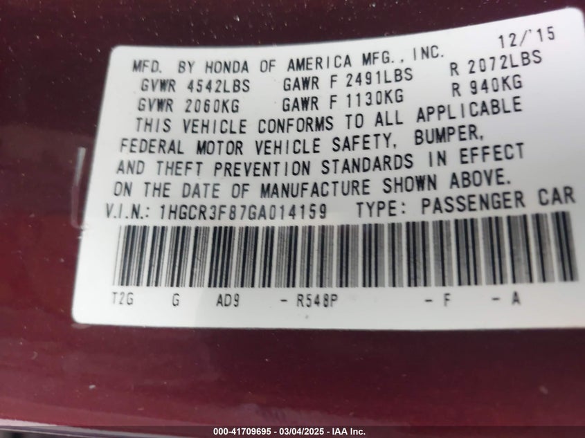 2016 HONDA ACCORD VIN: 1HGCR3F87GA014159