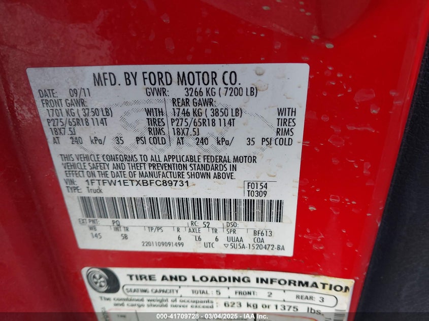 2011 FORD F150 VIN: 1FTFW1ETXBFC89731