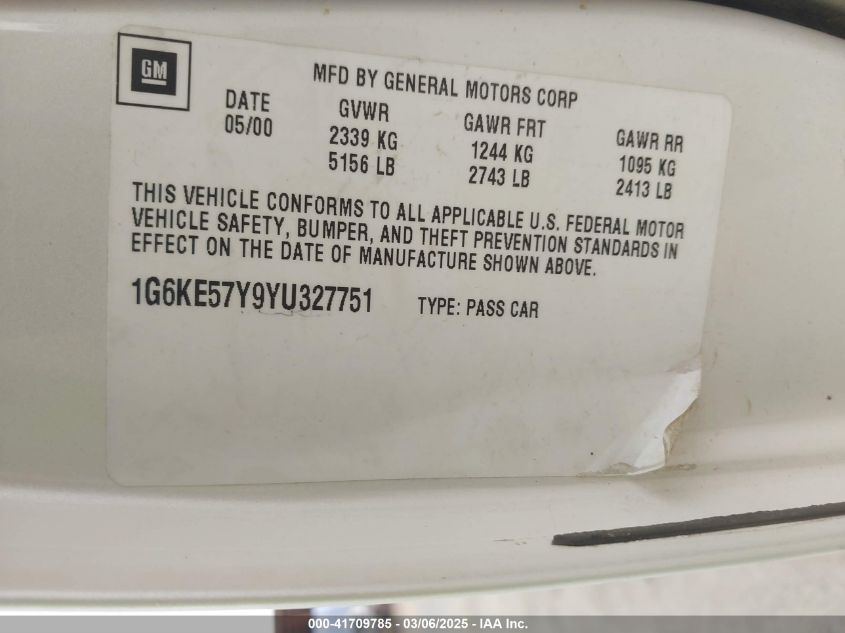 2000 Cadillac Deville Dhs VIN: 1G6KE57Y9YU327751 Lot: 41709785