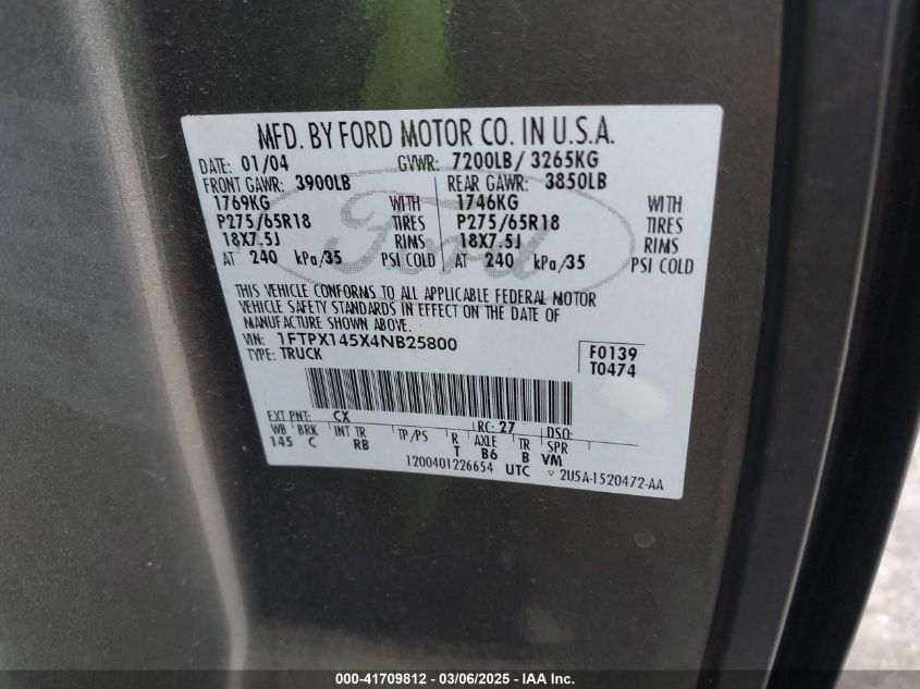 2004 Ford F-150 Fx4/Lariat/Xl/Xlt VIN: 1FTPX145X4NB25800 Lot: 41709812