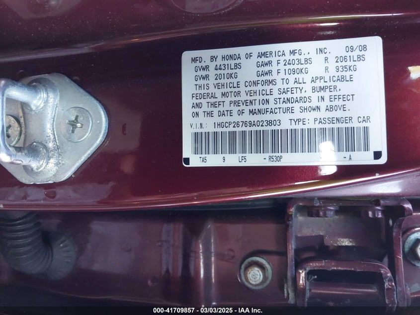 2009 HONDA ACCORD VIN: 1HGCP26769A023803