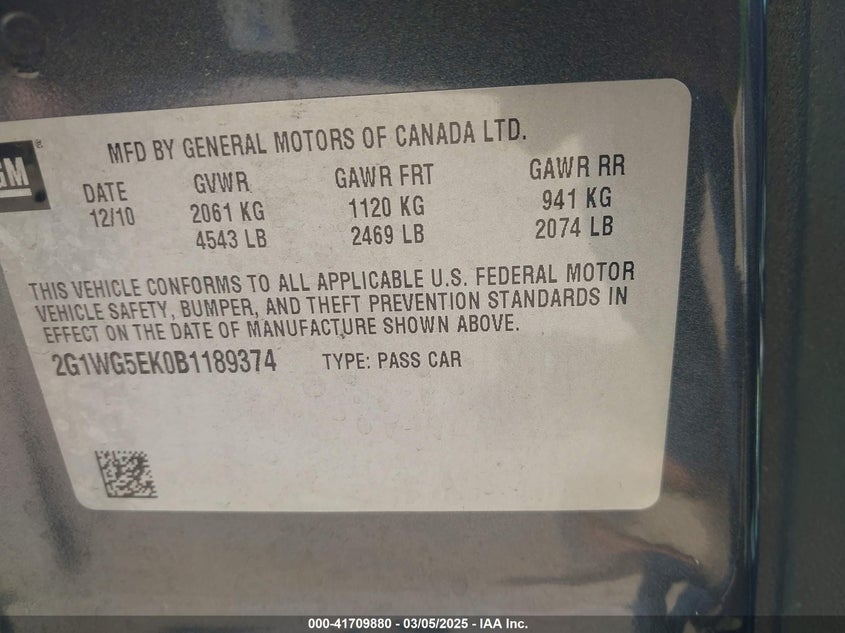 2011 CHEVROLET IMPALA VIN: 2G1WG5EK0B1189374