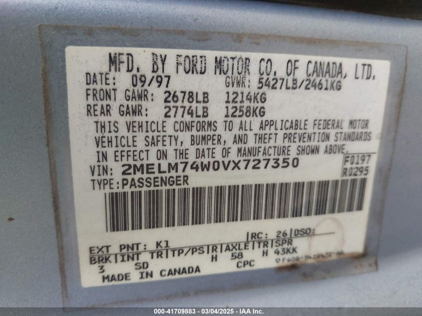 1997 Mercury Grand Marquis Gs VIN: 2MELM74W0VX727350 Lot: 41709883