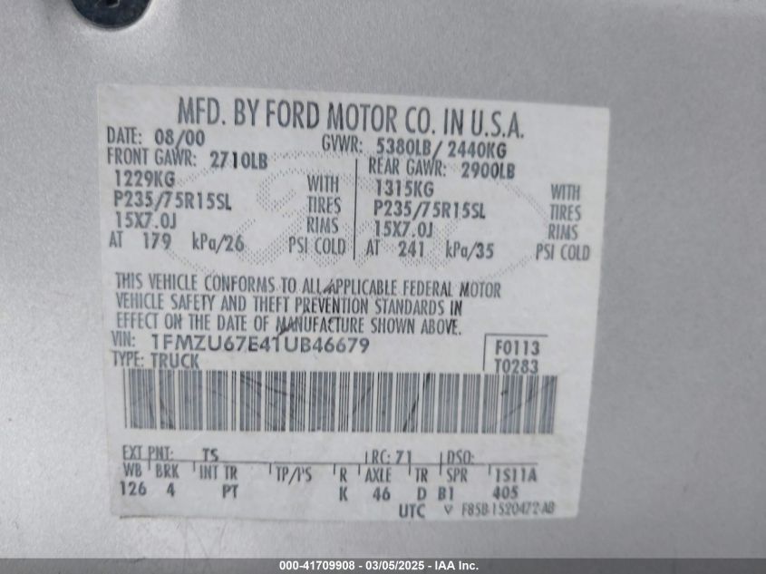 2001 Ford Explorer Sport Trac VIN: 1FMZU67E41UB46679 Lot: 41709908