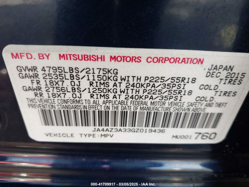 2016 Mitsubishi Outlander Se VIN: JA4AZ3A33GZ019436 Lot: 41709917