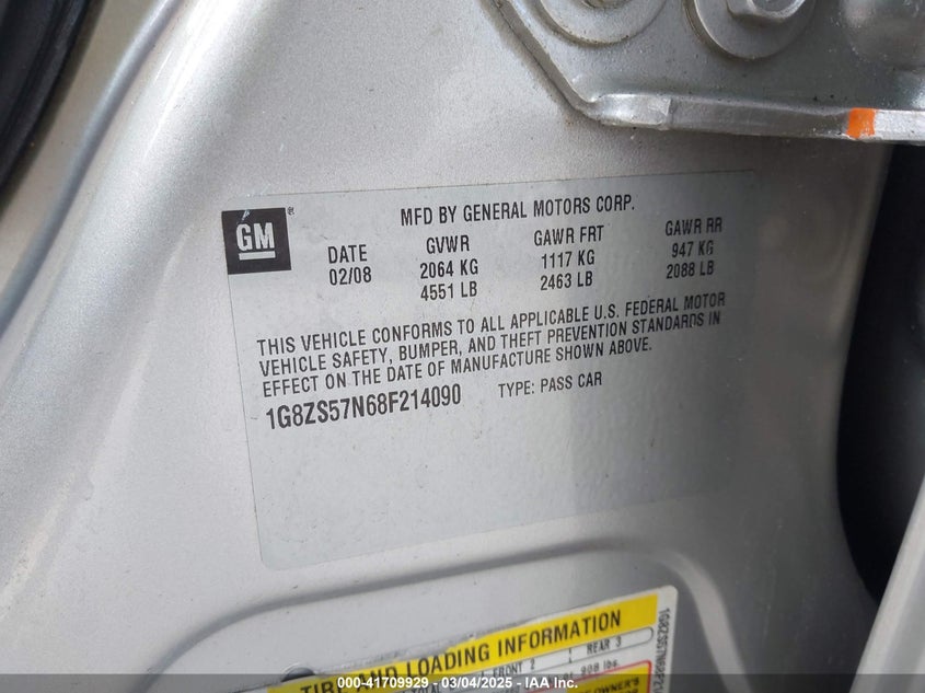 2008 SATURN AURA VIN: 1G8ZS57N68F214090