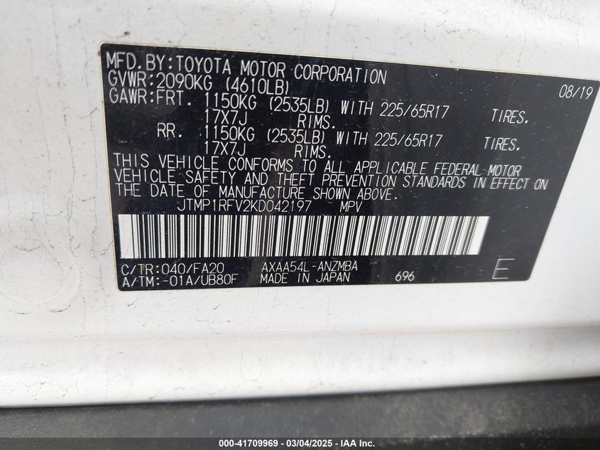 2019 TOYOTA RAV4 XLE - JTMP1RFV2KD042197