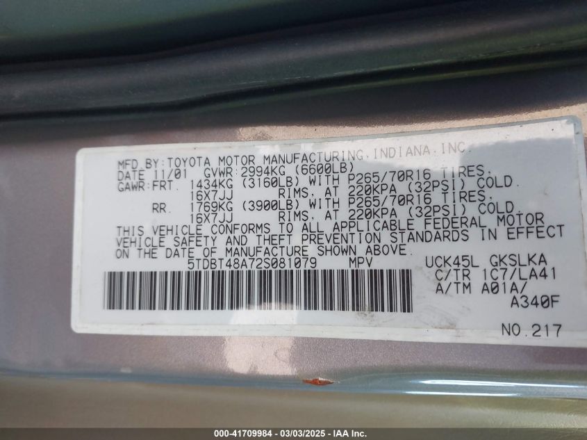 2002 Toyota Sequoia Limited V8 VIN: 5TDBT48A72S081079 Lot: 41709984
