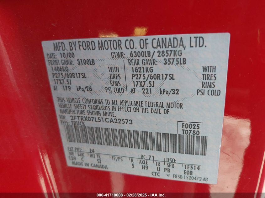 2001 Ford F-150 Lariat/Xl/Xlt VIN: 2FTRX07L51CA22573 Lot: 41710008