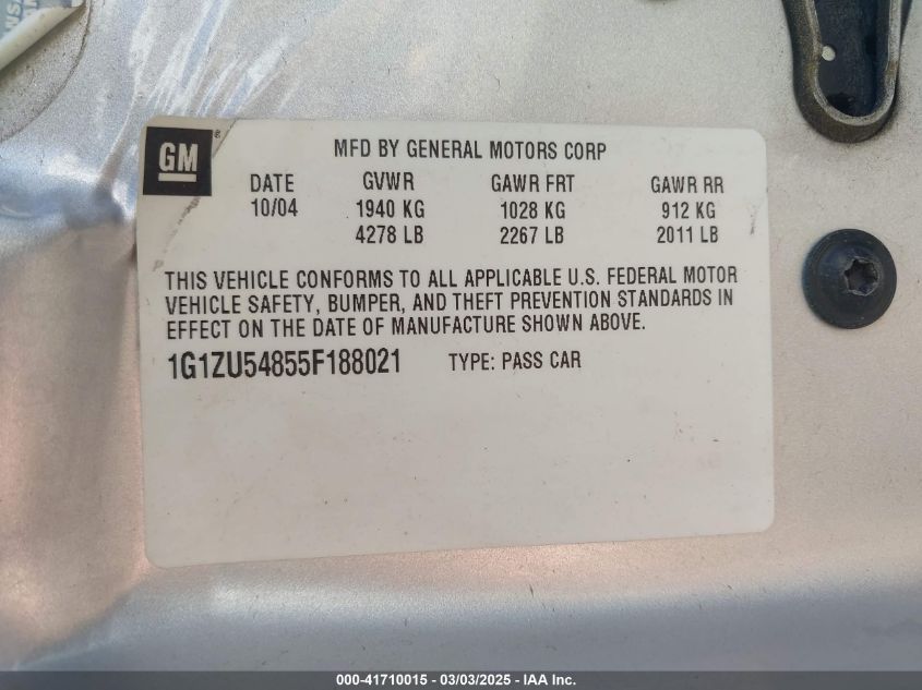 2005 Chevrolet Malibu Lt VIN: 1G1ZU54855F188021 Lot: 41710015