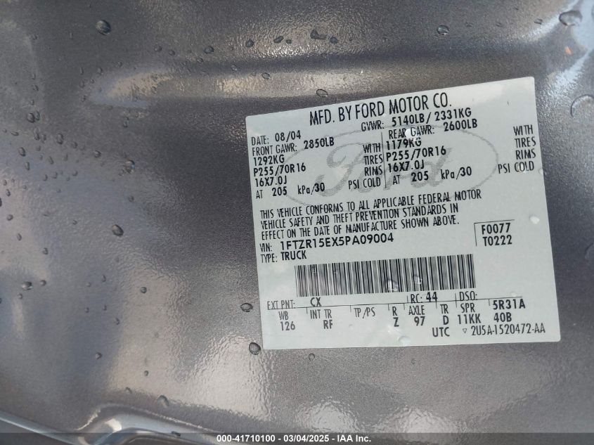 2005 Ford Ranger Edge/Xl/Xlt VIN: 1FTZR15EX5PA09004 Lot: 41710100