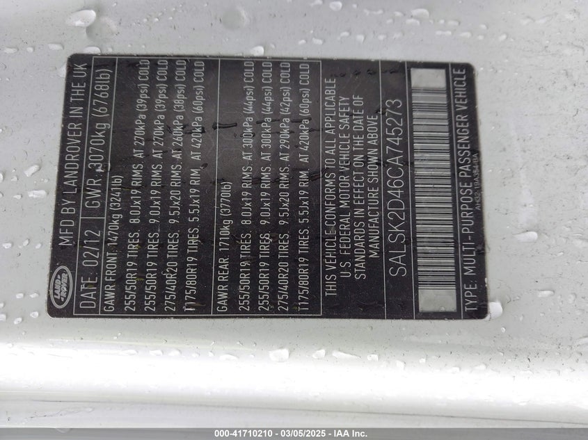 2012 Land Rover Range Rover Sport Hse VIN: SALSK2D46CA745273 Lot: 41710210