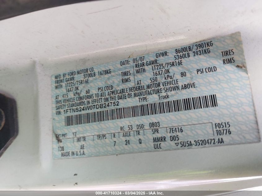 2007 Ford E-250 Commercial/Recreational VIN: 1FTNS24W07DB24752 Lot: 41710324