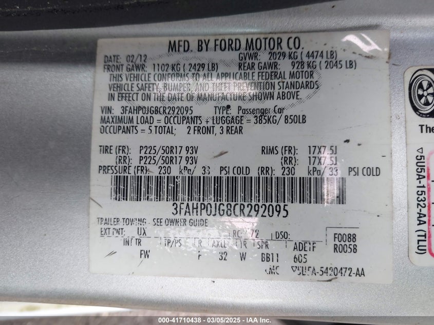 2012 FORD FUSION VIN: 3FAHP0JG8CR292095