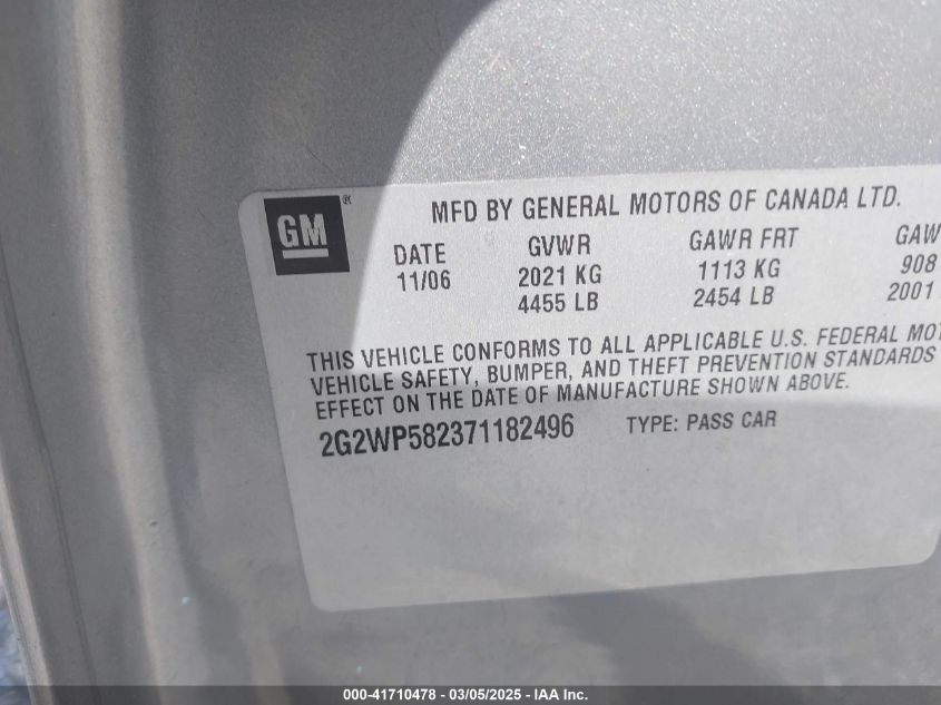 2007 Pontiac Grand Prix VIN: 2G2WP582371182496 Lot: 41710478