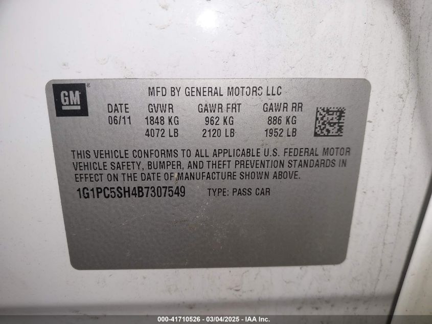 2011 Chevrolet Cruze Ls VIN: 1G1PC5SH4B7307549 Lot: 41710526