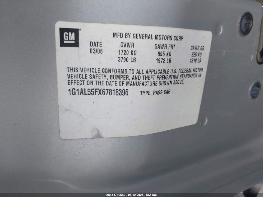 2006 Chevrolet Cobalt Ls VIN: 1G1AK55F667688992 Lot: 41710540