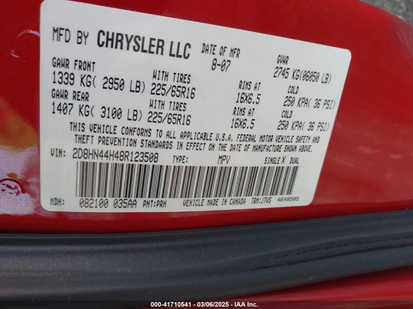 2008 Dodge Grand Caravan Se VIN: 2D8HN44H48R123508 Lot: 41710541