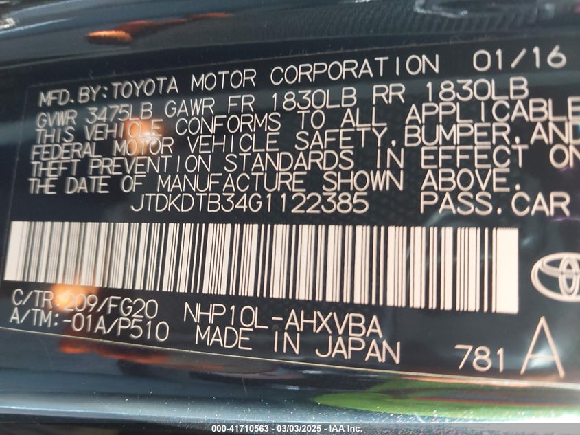 2016 TOYOTA PRIUS C VIN: JTDKDTB34G1122385