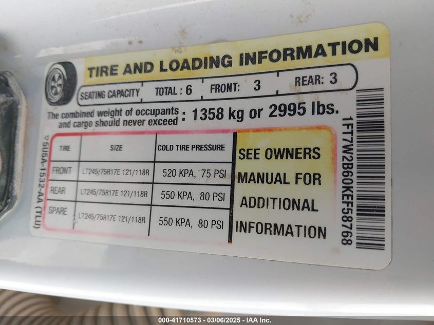 2019 FORD F-250 VIN: 1FT7W2B60KEF58768