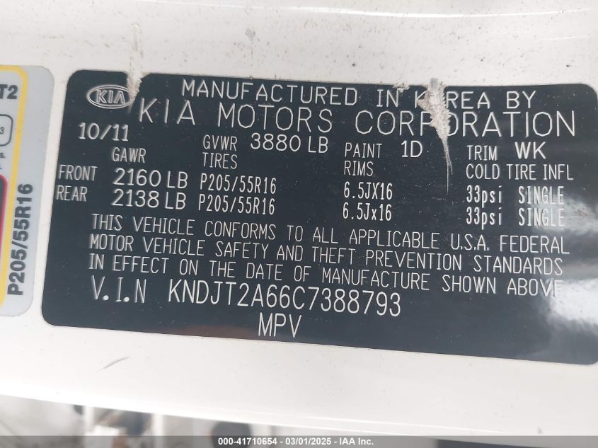 2012 Kia Soul + VIN: KNDJT2A66C7388793 Lot: 41710654