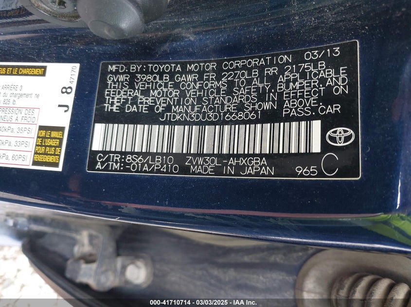 2013 TOYOTA PRIUS VIN: JTDKN3DU3D1668061