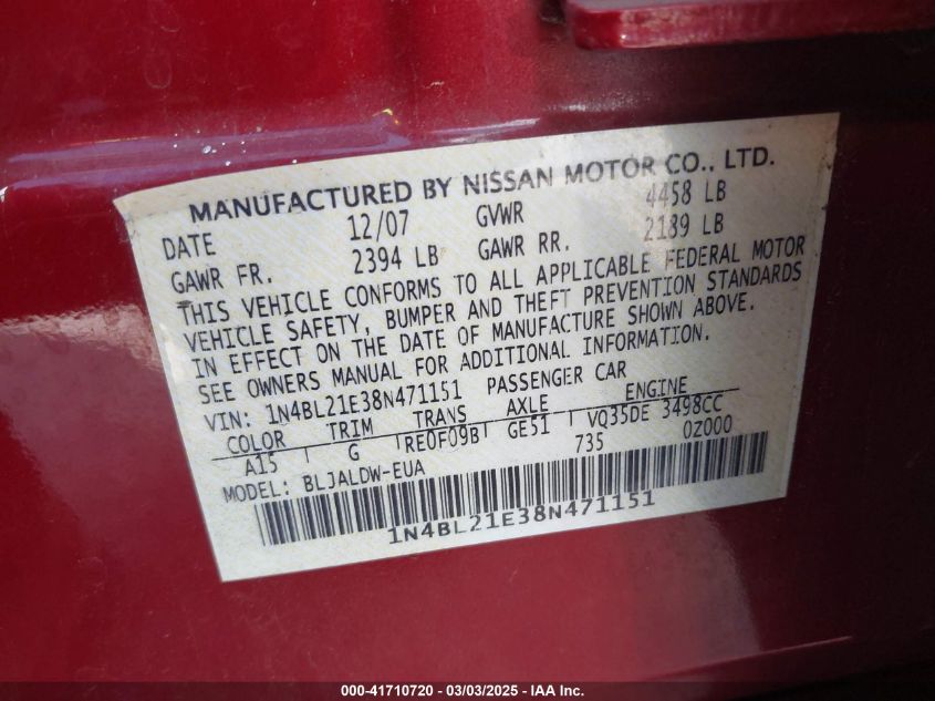 2008 Nissan Altima 3.5 Se VIN: 1N4BL21E38N471151 Lot: 41710720