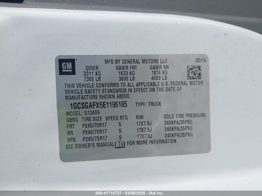 2014 CHEVROLET EXPRESS 1500 WORK VAN - 1GCSGAFX6E1196185