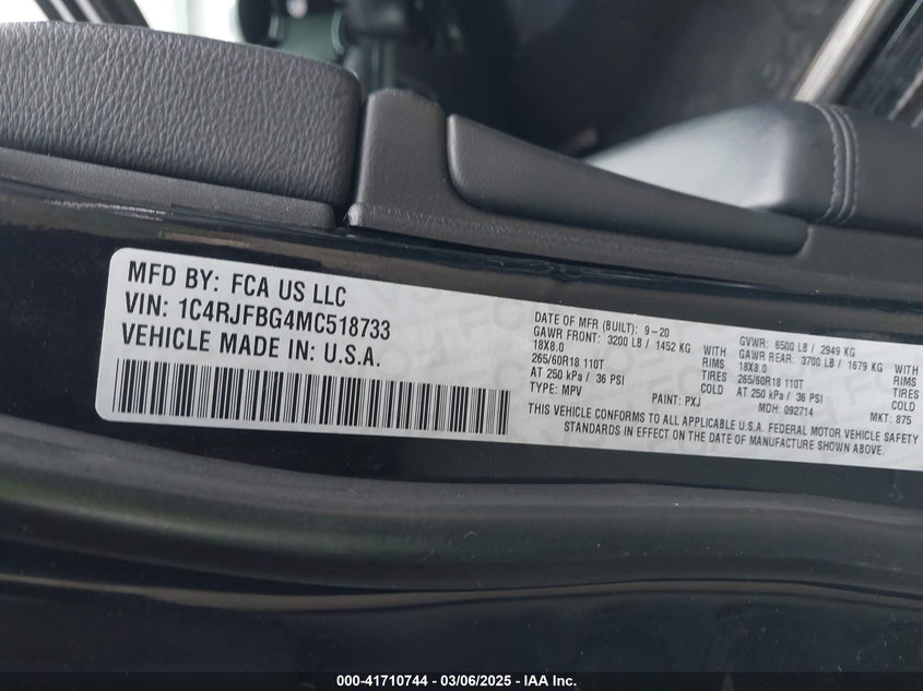 2021 JEEP GRAND CHEROKEE 3.6L V-6 DOHC, VVT, (VIN: 1C4RJFBG4MC518733