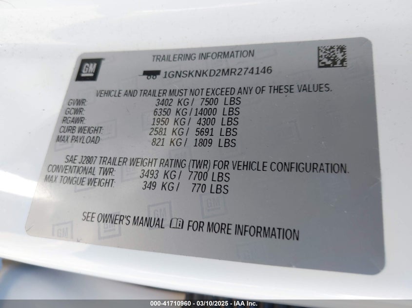 2021 CHEVROLET TAHOE 4WD LT - 1GNSKNKD2MR274146