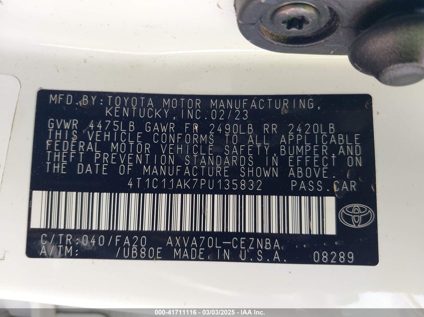 2023 TOYOTA CAMRY VIN: 4T1C11AK7PU135832